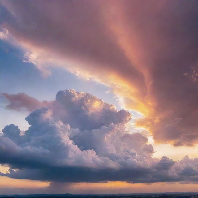 A vivid sky full of soft, drifting clouds against the backdrop of a breathtaking sunset