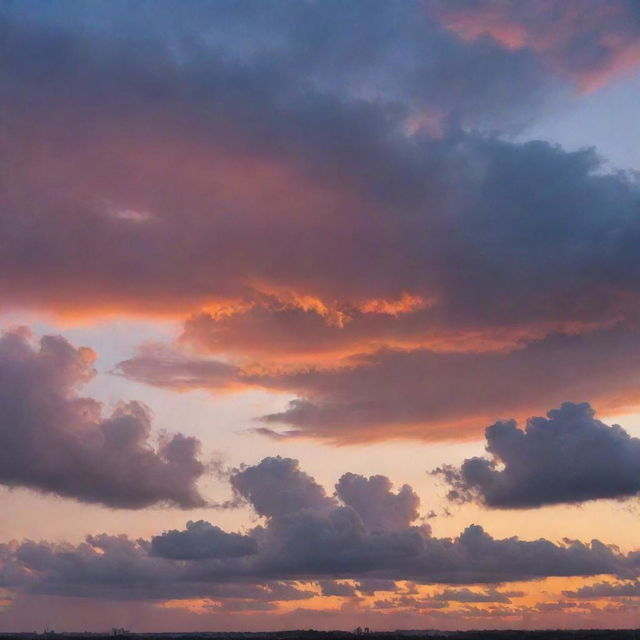 A vivid sky full of soft, drifting clouds against the backdrop of a breathtaking sunset