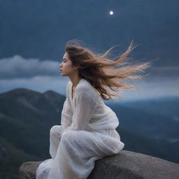 A girl with her hair blowing in the wind, perched on a mountain bathed in ethereal moonlight