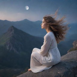 A girl with her hair blowing in the wind, perched on a mountain bathed in ethereal moonlight