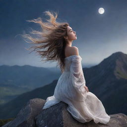 A girl with her hair blowing in the wind, perched on a mountain bathed in ethereal moonlight