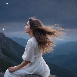 A girl with her hair blowing in the wind, perched on a mountain bathed in ethereal moonlight