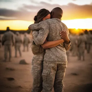 As the sun set, the soldier returned to his beloved, embracing her tightly as they reunited with the troop.