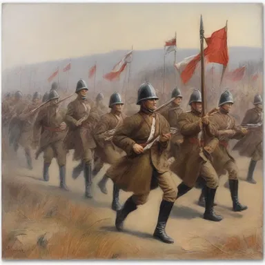 The talented artist painted a breathtaking masterpiece depicting a troop of soldiers marching into battle.