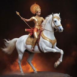 A dynamic representation of Kalki, the tenth avatar of Vishnu in Hinduism, riding a white horse with a fiery sword in hand, emanating a divine glow against an astral backdrop.