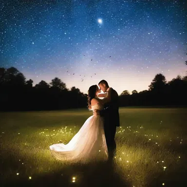 Under the starry night sky, the couple watched a troop of fireflies dance in the meadow, creating a romantic ambiance.