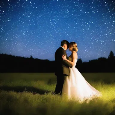 Under the starry night sky, the couple watched a troop of fireflies dance in the meadow, creating a romantic ambiance.