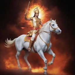 A dynamic representation of Kalki, the tenth avatar of Vishnu in Hinduism, riding a white horse with a fiery sword in hand, emanating a divine glow against an astral backdrop.