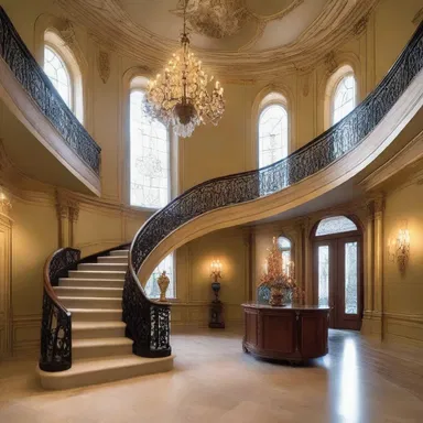 The spiral staircase in the grand castle trooped gracefully towards the extravagant chandelier that dominated the foyer.