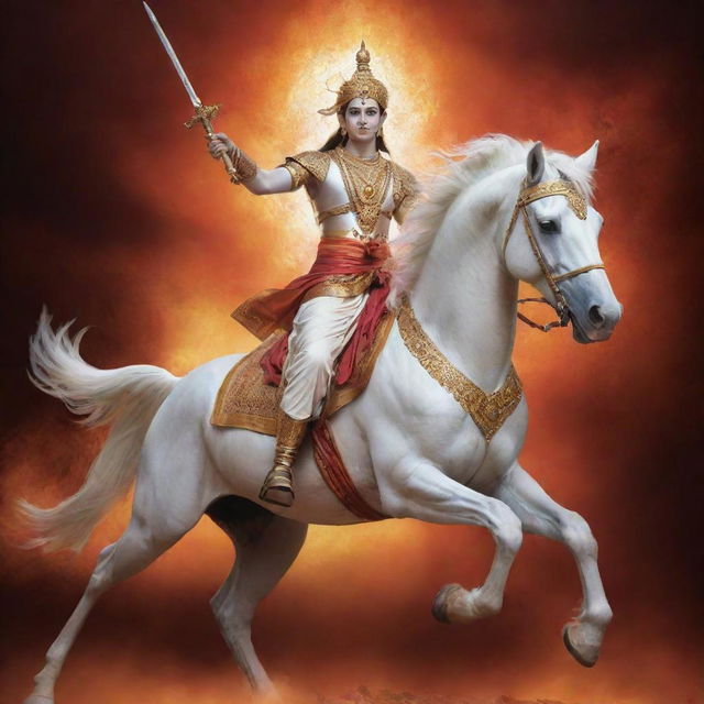 A dynamic representation of Kalki, the tenth avatar of Vishnu in Hinduism, riding a white horse with a fiery sword in hand, emanating a divine glow against an astral backdrop.