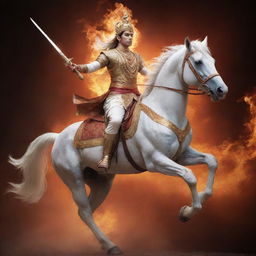 A dynamic representation of Kalki, the tenth avatar of Vishnu in Hinduism, riding a white horse with a fiery sword in hand, emanating a divine glow against an astral backdrop.