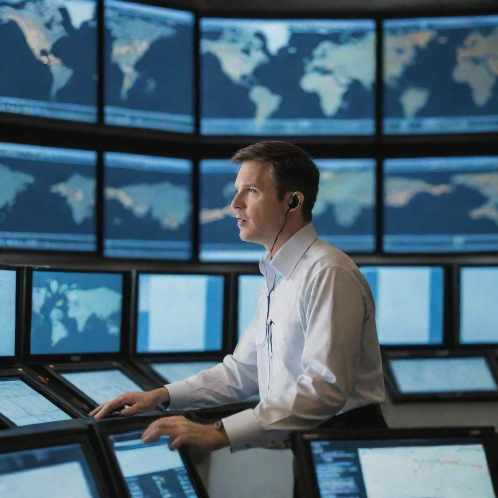 An air traffic controller in a high-tech control tower, surrounded by multiple screens displaying various flight data and maps, focused intently on the job.