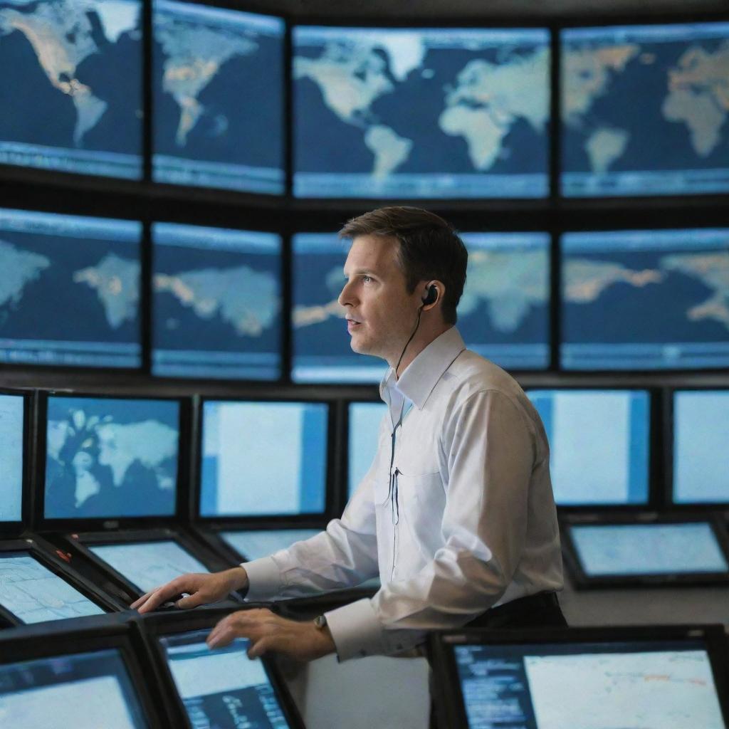 An air traffic controller in a high-tech control tower, surrounded by multiple screens displaying various flight data and maps, focused intently on the job.