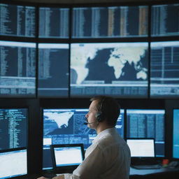 An air traffic controller in a high-tech control tower, surrounded by multiple screens displaying various flight data and maps, focused intently on the job.