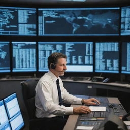 An air traffic controller in a high-tech control tower, surrounded by multiple screens displaying various flight data and maps, focused intently on the job.