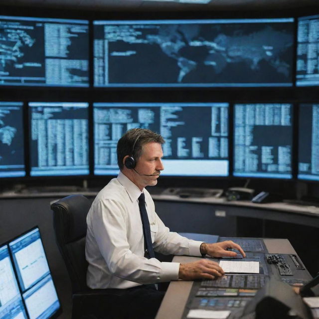 An air traffic controller in a high-tech control tower, surrounded by multiple screens displaying various flight data and maps, focused intently on the job.