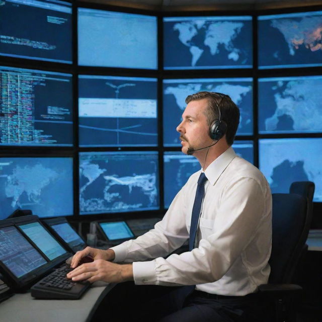 An air traffic controller in a high-tech control tower, surrounded by multiple monitors showing flight paths and aircraft status information.