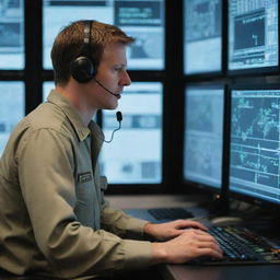 A military air traffic controller from the British Armed Forces, stationed in a cutting-edge control tower, scanning various monitors displaying detailed data of airborne military aircrafts.