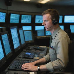 A military air traffic controller from the British Armed Forces, stationed in a cutting-edge control tower, scanning various monitors displaying detailed data of airborne military aircrafts.