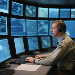 A military air traffic controller from the British Armed Forces, stationed in a cutting-edge control tower, scanning various monitors displaying detailed data of airborne military aircrafts.