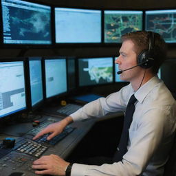 A military air traffic controller from the British Armed Forces, stationed in a cutting-edge control tower, scanning various monitors displaying detailed data of airborne military aircrafts.