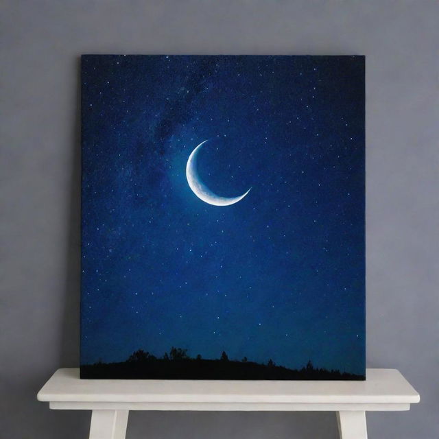 A captivating night sky full of stars, glistening brightly against the dark blue canvas, with a crescent moon as the centerpiece.