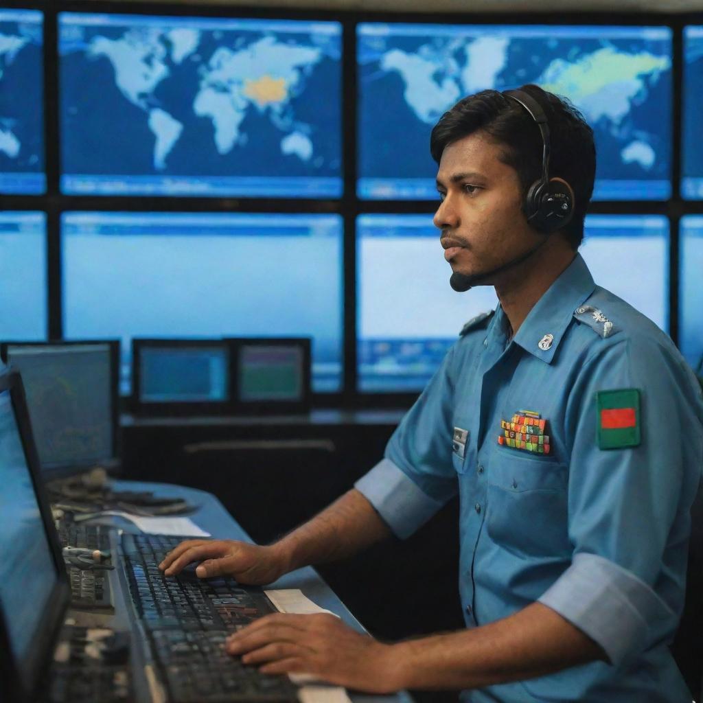 A Bangladesh Air Force air traffic controller clad in uniform, operating from a control tower packed with multiple screens displaying flight data and radar images, engrossed in their duty.