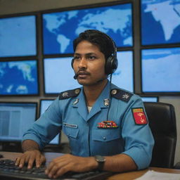 A Bangladesh Air Force air traffic controller clad in uniform, operating from a control tower packed with multiple screens displaying flight data and radar images, engrossed in their duty.