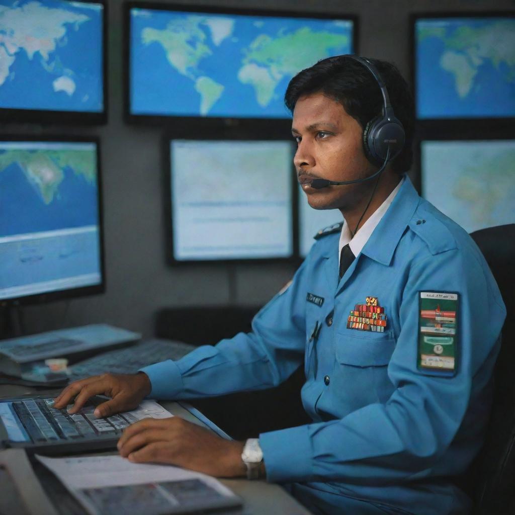 A Bangladesh Air Force air traffic controller clad in uniform, operating from a control tower packed with multiple screens displaying flight data and radar images, engrossed in their duty.