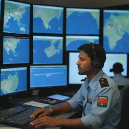 A Bangladesh Air Force air traffic controller clad in uniform, operating from a control tower packed with multiple screens displaying flight data and radar images, engrossed in their duty.