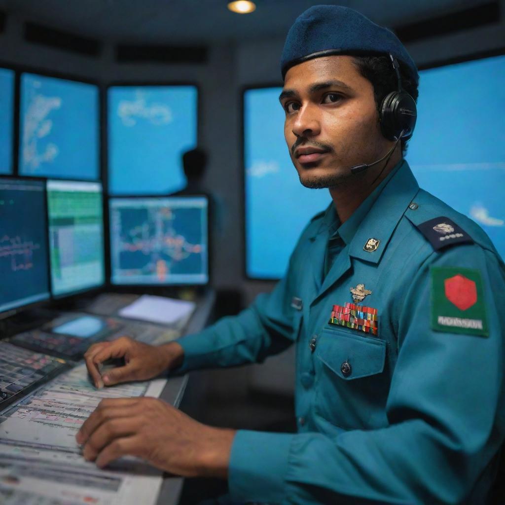 A handsome Bangladesh Air Force air traffic controller in uniform, working diligently in a state-of-the-art control tower, with flight data and radar screens illuminating his focused expression.