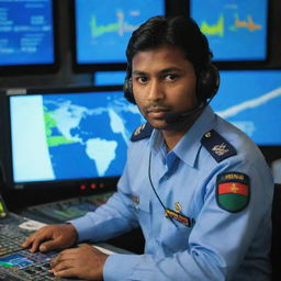 A handsome Bangladesh Air Force air traffic controller in uniform, working diligently in a state-of-the-art control tower, with flight data and radar screens illuminating his focused expression.