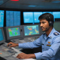 A handsome Bangladesh Air Force air traffic controller in uniform, working diligently in a state-of-the-art control tower, with flight data and radar screens illuminating his focused expression.