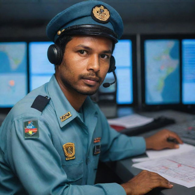 A handsome Bangladesh Air Force air traffic controller in uniform, working diligently in a state-of-the-art control tower, with flight data and radar screens illuminating his focused expression.