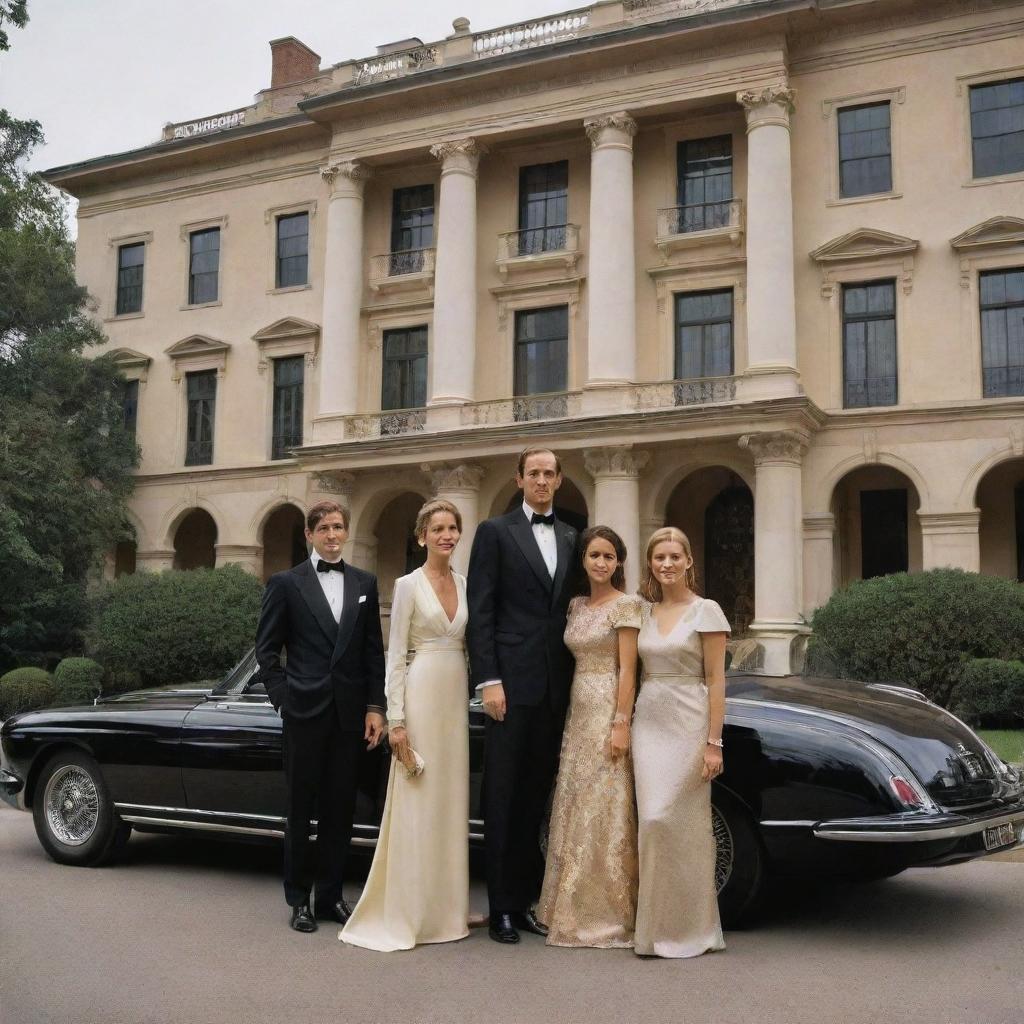 Portray a scene illustrating the richest family on Earth. A grand mansion, luxurious cars, servants, and family members dressed in high-end fashion, all indicating their astronomical wealth and opulence.