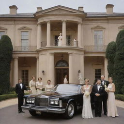 Portray a scene illustrating the richest family on Earth. A grand mansion, luxurious cars, servants, and family members dressed in high-end fashion, all indicating their astronomical wealth and opulence.