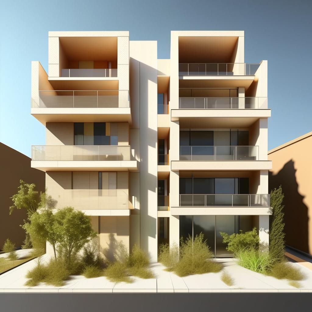 Design a detailed 3D model of a building showing both east and north facades in a realistic style, scale 60x40, with light shadow work for depth.