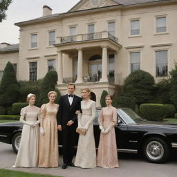 Portray a scene illustrating the richest family on Earth. A grand mansion, luxurious cars, servants, and family members dressed in high-end fashion, all indicating their astronomical wealth and opulence.