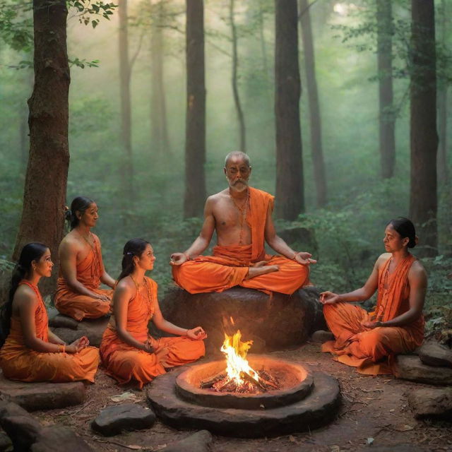 A serene image showcasing Vedic culture, with elements like ancient scripts, yoga meditation, fire sacrifices (Yajna) and traditional sages (Rishis) in a vibrant forest setting.