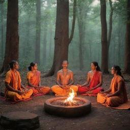 A serene image showcasing Vedic culture, with elements like ancient scripts, yoga meditation, fire sacrifices (Yajna) and traditional sages (Rishis) in a vibrant forest setting.