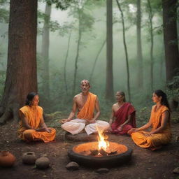 A serene image showcasing Vedic culture, with elements like ancient scripts, yoga meditation, fire sacrifices (Yajna) and traditional sages (Rishis) in a vibrant forest setting.