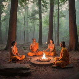 A serene image showcasing Vedic culture, with elements like ancient scripts, yoga meditation, fire sacrifices (Yajna) and traditional sages (Rishis) in a vibrant forest setting.