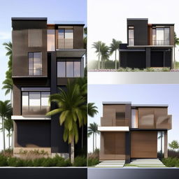 Create a 3D house design with detailed east and north facades, scale 60x40, showcasing architectural details and shadowing for depth.