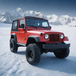 Generate an image of a Thar car situated in an icy environment, the vehicle's rugged features and 4x4 drive emphasized against the backdrop of shimmering ice and snow.