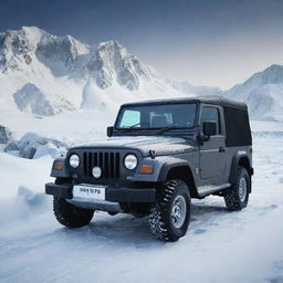 Generate an image of a Thar car situated in an icy environment, the vehicle's rugged features and 4x4 drive emphasized against the backdrop of shimmering ice and snow.