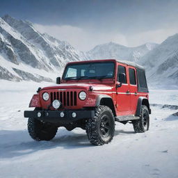 Generate an image of a Thar car situated in an icy environment, the vehicle's rugged features and 4x4 drive emphasized against the backdrop of shimmering ice and snow.