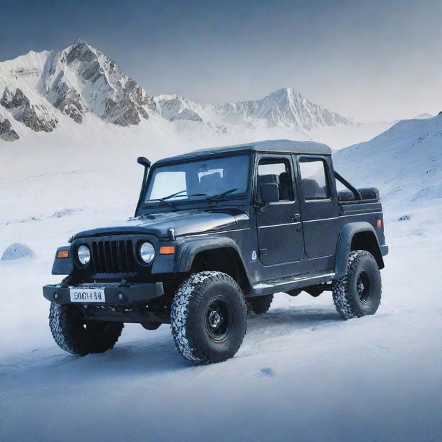 Generate an image of a Thar car situated in an icy environment, the vehicle's rugged features and 4x4 drive emphasized against the backdrop of shimmering ice and snow.