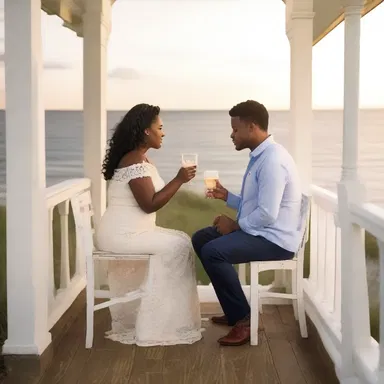 As the sun set over the ocean, the couple sat on the porch sipping their tots, lost in each other's eyes.