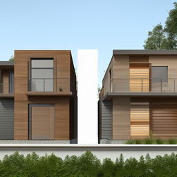 Create a 3D house design with detailed east and north facades, scale 60x40, showcasing architectural details and shadowing for depth.