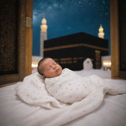 A newborn baby swaddled in cozy, soft fabrics, lying peacefully inside the Kaaba, with a peaceful night sky embellished by twinkling stars seen from an open door.